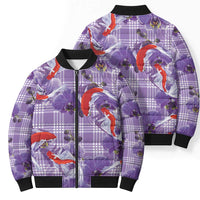 Lavender Palaka Hawaii Aloha Bomber Puffer Jacket Koi Pond Mix Orchids - Polynesian Pride
