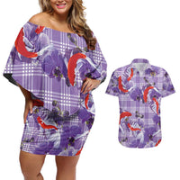 Lavender Palaka Hawaii Aloha Couples Matching Off Shoulder Short Dress and Hawaiian Shirt Koi Pond Mix Orchids - Polynesian Pride