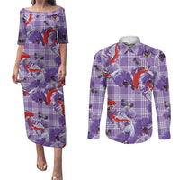 Lavender Palaka Hawaii Aloha Couples Matching Puletasi and Long Sleeve Button Shirt Koi Pond Mix Orchids LT7 Purple - Polynesian Pride