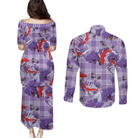 Lavender Palaka Hawaii Aloha Couples Matching Puletasi and Long Sleeve Button Shirt Koi Pond Mix Orchids LT7 - Polynesian Pride
