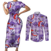 Lavender Palaka Hawaii Aloha Couples Matching Short Sleeve Bodycon Dress and Long Sleeve Button Shirt Koi Pond Mix Orchids - Polynesian Pride