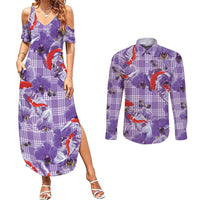 Lavender Palaka Hawaii Aloha Couples Matching Summer Maxi Dress and Long Sleeve Button Shirt Koi Pond Mix Orchids - Polynesian Pride