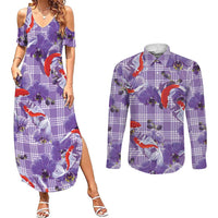 Lavender Palaka Hawaii Aloha Couples Matching Summer Maxi Dress and Long Sleeve Button Shirt Koi Pond Mix Orchids LT7 Purple - Polynesian Pride