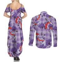 Lavender Palaka Hawaii Aloha Couples Matching Summer Maxi Dress and Long Sleeve Button Shirt Koi Pond Mix Orchids LT7 - Polynesian Pride