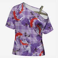 Lavender Palaka Hawaii Aloha Cross Shoulder Shirt Koi Pond Mix Orchids LT7 Female Purple - Polynesian Pride
