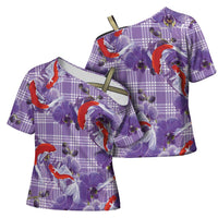 Lavender Palaka Hawaii Aloha Cross Shoulder Shirt Koi Pond Mix Orchids LT7 - Polynesian Pride