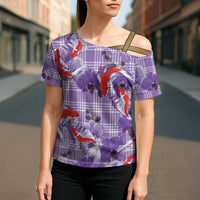 Lavender Palaka Hawaii Aloha Cross Shoulder Shirt Koi Pond Mix Orchids LT7 - Polynesian Pride