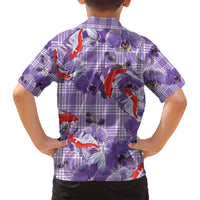 Lavender Palaka Hawaii Aloha Family Matching Off Shoulder Maxi Dress and Hawaiian Shirt Koi Pond Mix Orchids - Polynesian Pride