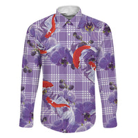 Lavender Palaka Hawaii Aloha Family Matching Off Shoulder Maxi Dress and Hawaiian Shirt Koi Pond Mix Orchids - Polynesian Pride