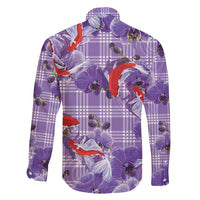 Lavender Palaka Hawaii Aloha Family Matching Off Shoulder Maxi Dress and Hawaiian Shirt Koi Pond Mix Orchids - Polynesian Pride