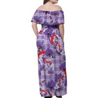 Lavender Palaka Hawaii Aloha Family Matching Off Shoulder Maxi Dress and Hawaiian Shirt Koi Pond Mix Orchids - Polynesian Pride