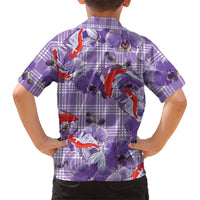 Lavender Palaka Hawaii Aloha Family Matching Off Shoulder Short Dress and Hawaiian Shirt Koi Pond Mix Orchids - Polynesian Pride