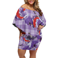 Lavender Palaka Hawaii Aloha Family Matching Off Shoulder Short Dress and Hawaiian Shirt Koi Pond Mix Orchids - Polynesian Pride
