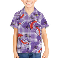 Lavender Palaka Hawaii Aloha Family Matching Off Shoulder Short Dress and Hawaiian Shirt Koi Pond Mix Orchids - Polynesian Pride