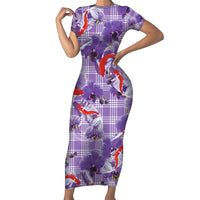 Lavender Palaka Hawaii Aloha Family Matching Short Sleeve Bodycon Dress and Hawaiian Shirt Koi Pond Mix Orchids - Polynesian Pride
