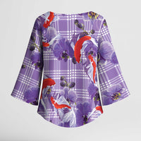 Lavender Palaka Hawaii Aloha Kimono Sleeve Blouse Koi Pond Mix Orchids - Polynesian Pride