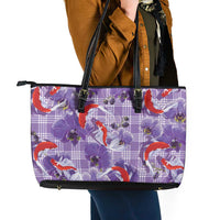 Lavender Palaka Hawaii Aloha Leather Tote Bag Koi Pond Mix Orchids - Polynesian Pride