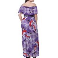 Lavender Palaka Hawaii Aloha Off Shoulder Maxi Dress Koi Pond Mix Orchids - Polynesian Pride