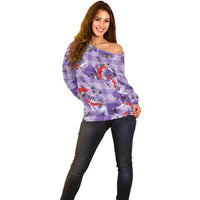 Lavender Palaka Hawaii Aloha Off Shoulder Sweater Koi Pond Mix Orchids - Polynesian Pride