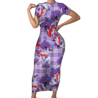 Lavender Palaka Hawaii Aloha Short Sleeve Bodycon Dress Koi Pond Mix Orchids LT7 Long Dress Purple - Polynesian Pride