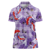 Lavender Palaka Hawaii Aloha Women Polo Shirt Koi Pond Mix Orchids LT7 Female Purple - Polynesian Pride