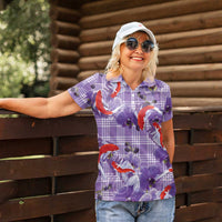 Lavender Palaka Hawaii Aloha Women Polo Shirt Koi Pond Mix Orchids LT7 - Polynesian Pride