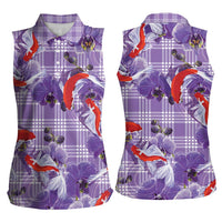 Lavender Palaka Hawaii Aloha Women Sleeveless Polo Shirt Koi Pond Mix Orchids - Polynesian Pride