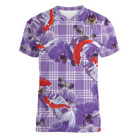 Lavender Palaka Hawaii Aloha Women V-Neck T-Shirt Koi Pond Mix Orchids - Polynesian Pride