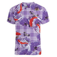Lavender Palaka Hawaii Aloha Women V-Neck T-Shirt Koi Pond Mix Orchids LT7 - Polynesian Pride