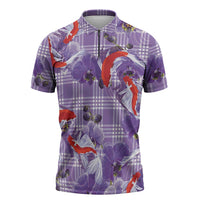 Lavender Palaka Hawaii Aloha Zipper Polo Shirt Koi Pond Mix Orchids LT7 Purple - Polynesian Pride