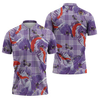 Lavender Palaka Hawaii Aloha Zipper Polo Shirt Koi Pond Mix Orchids LT7 - Polynesian Pride