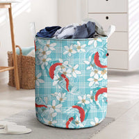 Turquoise Palaka Hawaii Aloha Laundry Basket Koi Pond Mix Plumeria LT7 Turquoise - Polynesian Pride