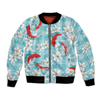 Turquoise Palaka Hawaii Aloha Bomber Jacket Koi Pond Mix Plumeria - Polynesian Pride