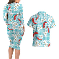 Turquoise Palaka Hawaii Aloha Couples Matching Long Sleeve Bodycon Dress and Hawaiian Shirt Koi Pond Mix Plumeria - Polynesian Pride
