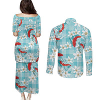 Turquoise Palaka Hawaii Aloha Couples Matching Puletasi and Long Sleeve Button Shirt Koi Pond Mix Plumeria LT7 - Polynesian Pride