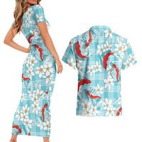 Turquoise Palaka Hawaii Aloha Couples Matching Short Sleeve Bodycon Dress and Hawaiian Shirt Koi Pond Mix Plumeria - Polynesian Pride