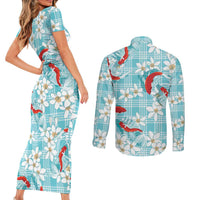 Turquoise Palaka Hawaii Aloha Couples Matching Short Sleeve Bodycon Dress and Long Sleeve Button Shirt Koi Pond Mix Plumeria - Polynesian Pride