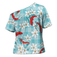 Turquoise Palaka Hawaii Aloha Cross Shoulder Shirt Koi Pond Mix Plumeria - Polynesian Pride