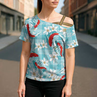 Turquoise Palaka Hawaii Aloha Cross Shoulder Shirt Koi Pond Mix Plumeria LT7 - Polynesian Pride