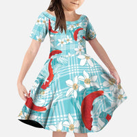 Turquoise Palaka Hawaii Aloha Family Matching Long Sleeve Bodycon Dress and Hawaiian Shirt Koi Pond Mix Plumeria - Polynesian Pride