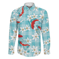 Turquoise Palaka Hawaii Aloha Family Matching Mermaid Dress and Hawaiian Shirt Koi Pond Mix Plumeria LT7 Dad's Shirt - Long Sleeve Turquoise - Polynesian Pride