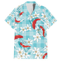 Turquoise Palaka Hawaii Aloha Family Matching Off Shoulder Short Dress and Hawaiian Shirt Koi Pond Mix Plumeria - Polynesian Pride