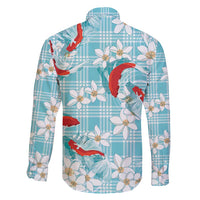 Turquoise Palaka Hawaii Aloha Family Matching Off Shoulder Short Dress and Hawaiian Shirt Koi Pond Mix Plumeria - Polynesian Pride
