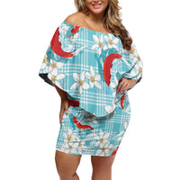 Turquoise Palaka Hawaii Aloha Family Matching Off Shoulder Short Dress and Hawaiian Shirt Koi Pond Mix Plumeria - Polynesian Pride
