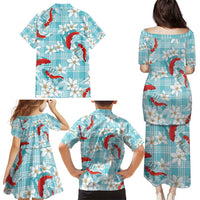 Turquoise Palaka Hawaii Aloha Family Matching Puletasi and Hawaiian Shirt Koi Pond Mix Plumeria - Polynesian Pride
