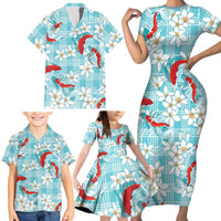 Turquoise Palaka Hawaii Aloha Family Matching Short Sleeve Bodycon Dress and Hawaiian Shirt Koi Pond Mix Plumeria - Polynesian Pride
