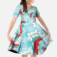 Turquoise Palaka Hawaii Aloha Family Matching Summer Maxi Dress and Hawaiian Shirt Koi Pond Mix Plumeria - Polynesian Pride