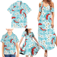 Turquoise Palaka Hawaii Aloha Family Matching Summer Maxi Dress and Hawaiian Shirt Koi Pond Mix Plumeria - Polynesian Pride