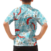Turquoise Palaka Hawaii Aloha Family Matching Tank Maxi Dress and Hawaiian Shirt Koi Pond Mix Plumeria - Polynesian Pride