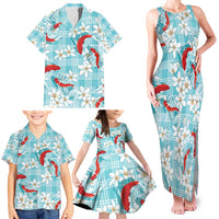 Turquoise Palaka Hawaii Aloha Family Matching Tank Maxi Dress and Hawaiian Shirt Koi Pond Mix Plumeria - Polynesian Pride